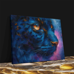 a painting of a blue leopard on a table