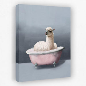 a painting of a llama in a pink bathtub