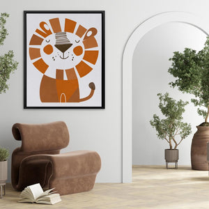 a picture of a lion on a wall in a living room