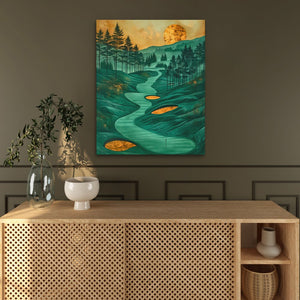 a painting on a wall above a wooden cabinet