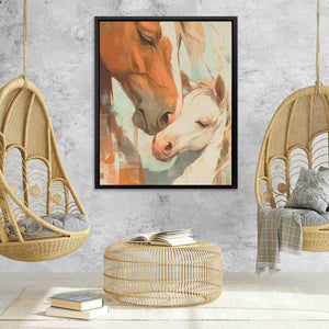 a painting of a horse and a foal hanging in a room