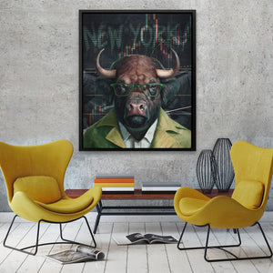 a painting of a bull wearing glasses in a living room