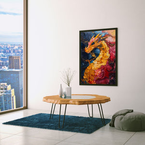 a living room with a table and a painting on the wall