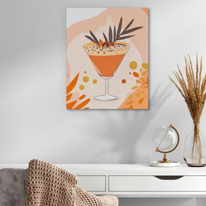 a painting of a drink in a glass on a table