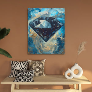 a painting of a blue diamond on a brown wall