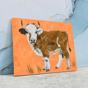 a painting of a cow on an orange background