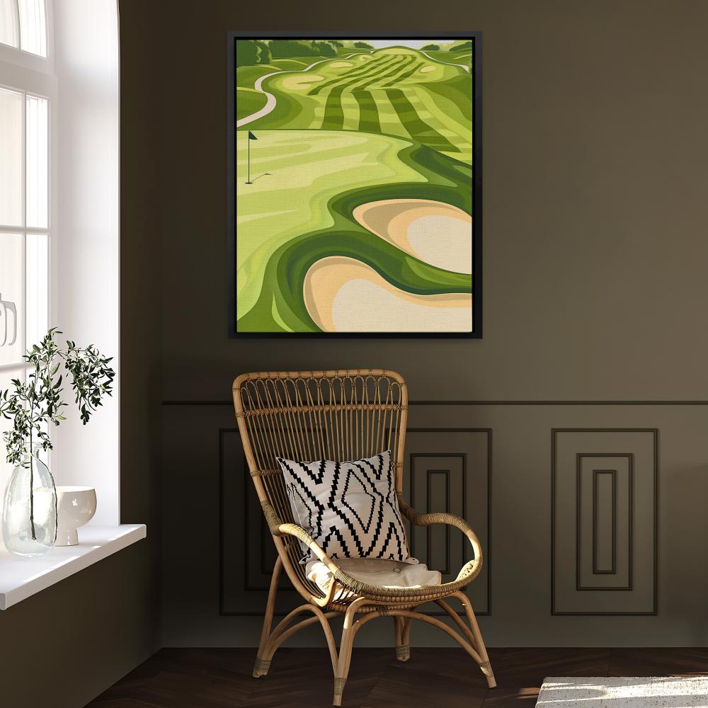 a painting of a green golf course