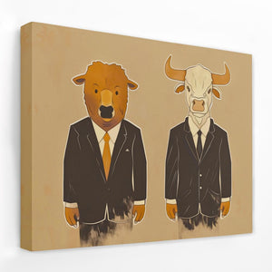 a painting of a bull and a bear wearing suits