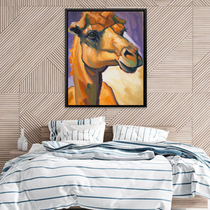 a painting of a horse on a wall above a bed