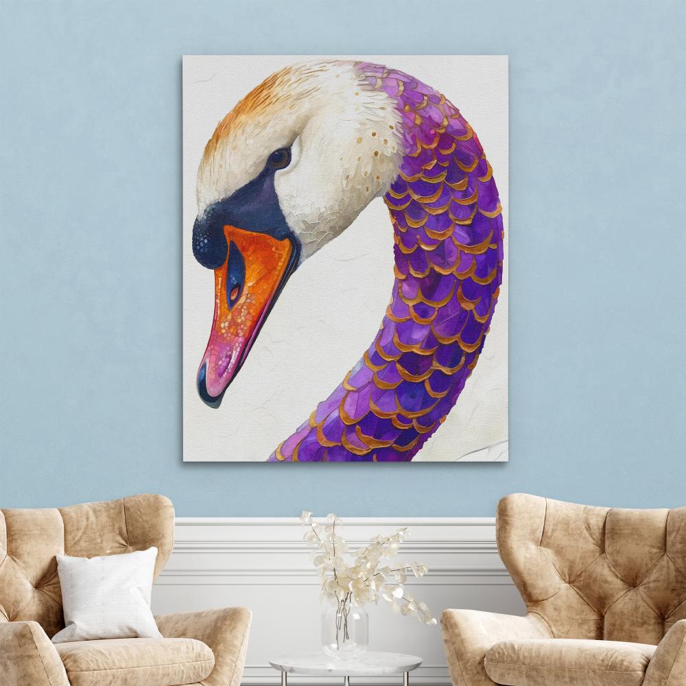 a painting of a white and purple swan