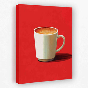 a painting of a cup of coffee on a red background