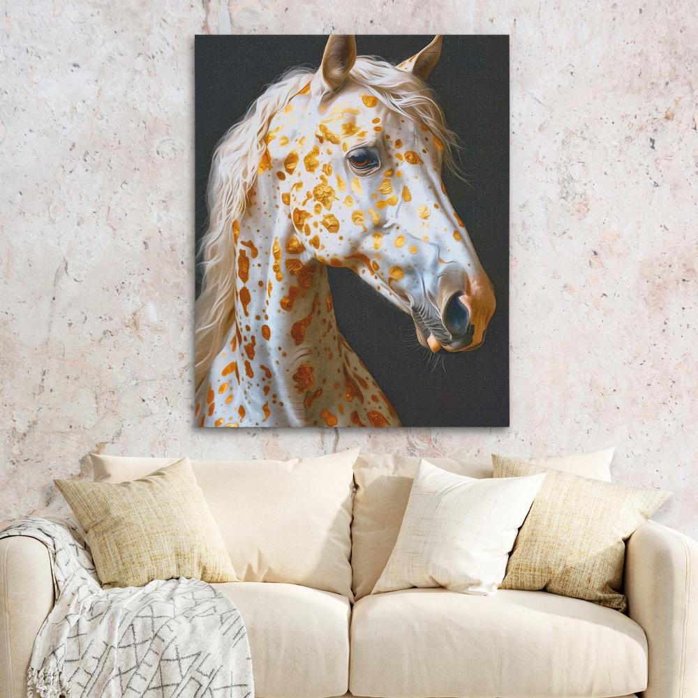 a painting of a white horse with orange spots