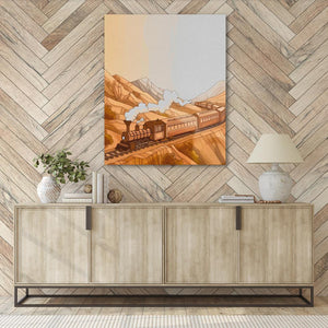 a painting of a train on a wooden wall