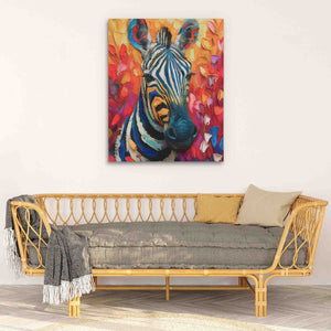 a painting of a zebra on a wall above a couch