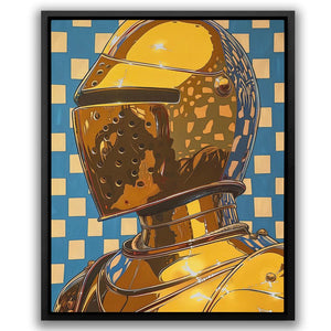 a painting of a robot with a checkered background