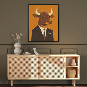 a painting of a bull wearing a suit and tie
