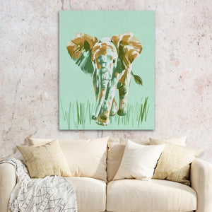 a living room with a couch and a painting of an elephant