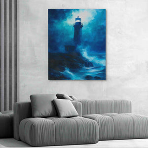 a painting of a lighthouse in the middle of the ocean