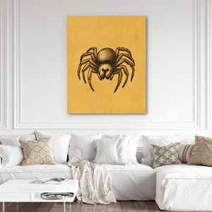 a living room with a white couch and a painting of a spider on the wall