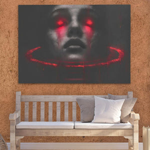 a painting of a woman with red eyes on a wall