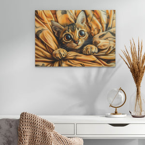 a painting of a cat peeking out from under a blanket