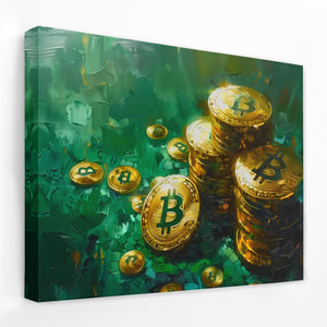 a painting of a pile of gold bitcoins