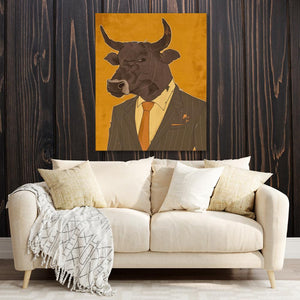 a living room with a couch and a painting of a bull