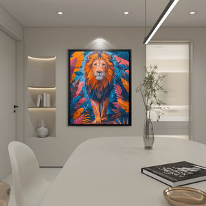 a picture of a lion on a wall above a table