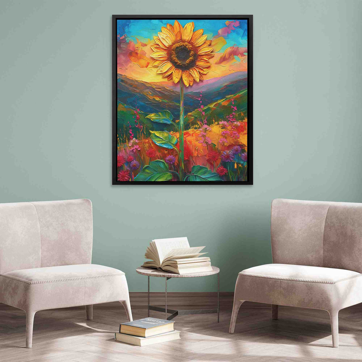 a painting of a sunflower in a living room