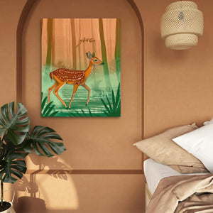 a painting of a deer in a forest hangs on a wall above a bed