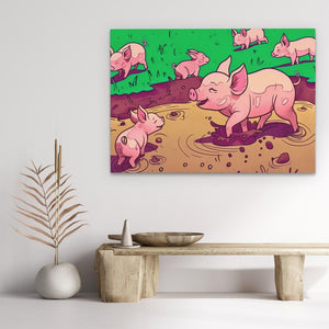 a painting of pigs in a pond of water