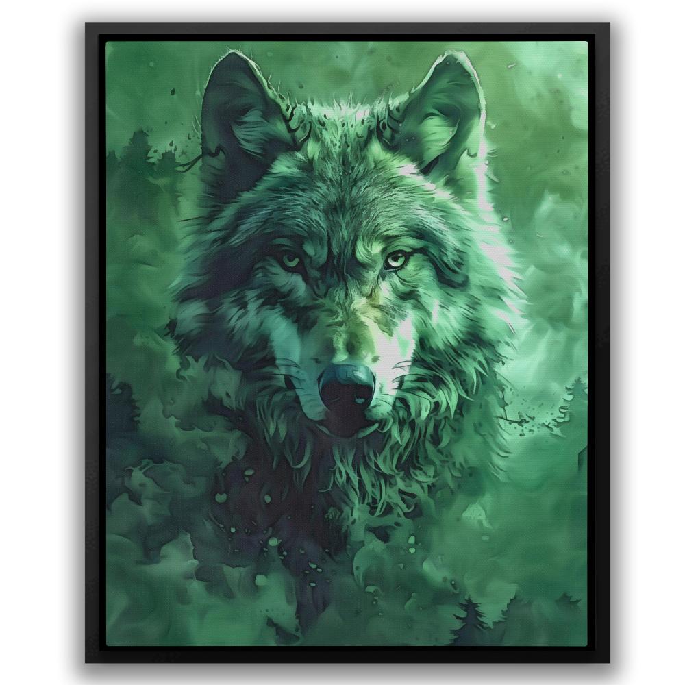 a painting of a wolf on a green background