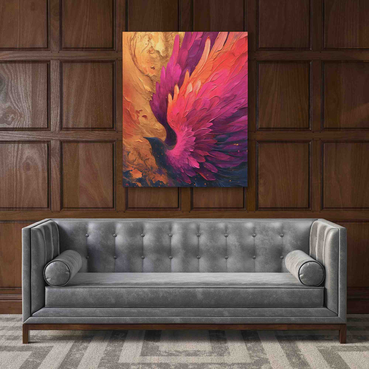 a living room with a couch and a painting on the wall