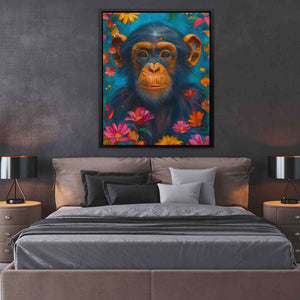 a painting of a monkey on a wall above a bed