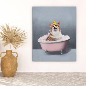 a painting of a dog in a bath tub