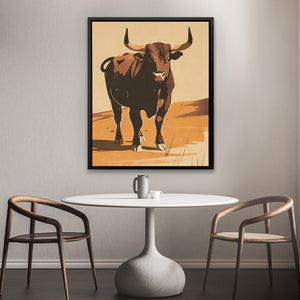 a picture of a bull on a wall above a table