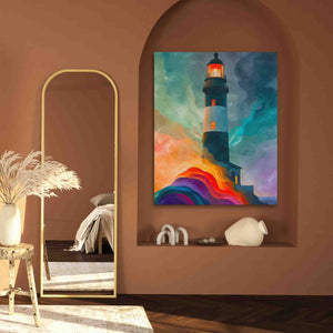 a painting of a lighthouse on a wall