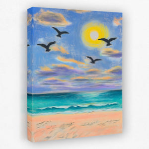 a painting of birds flying over a beach