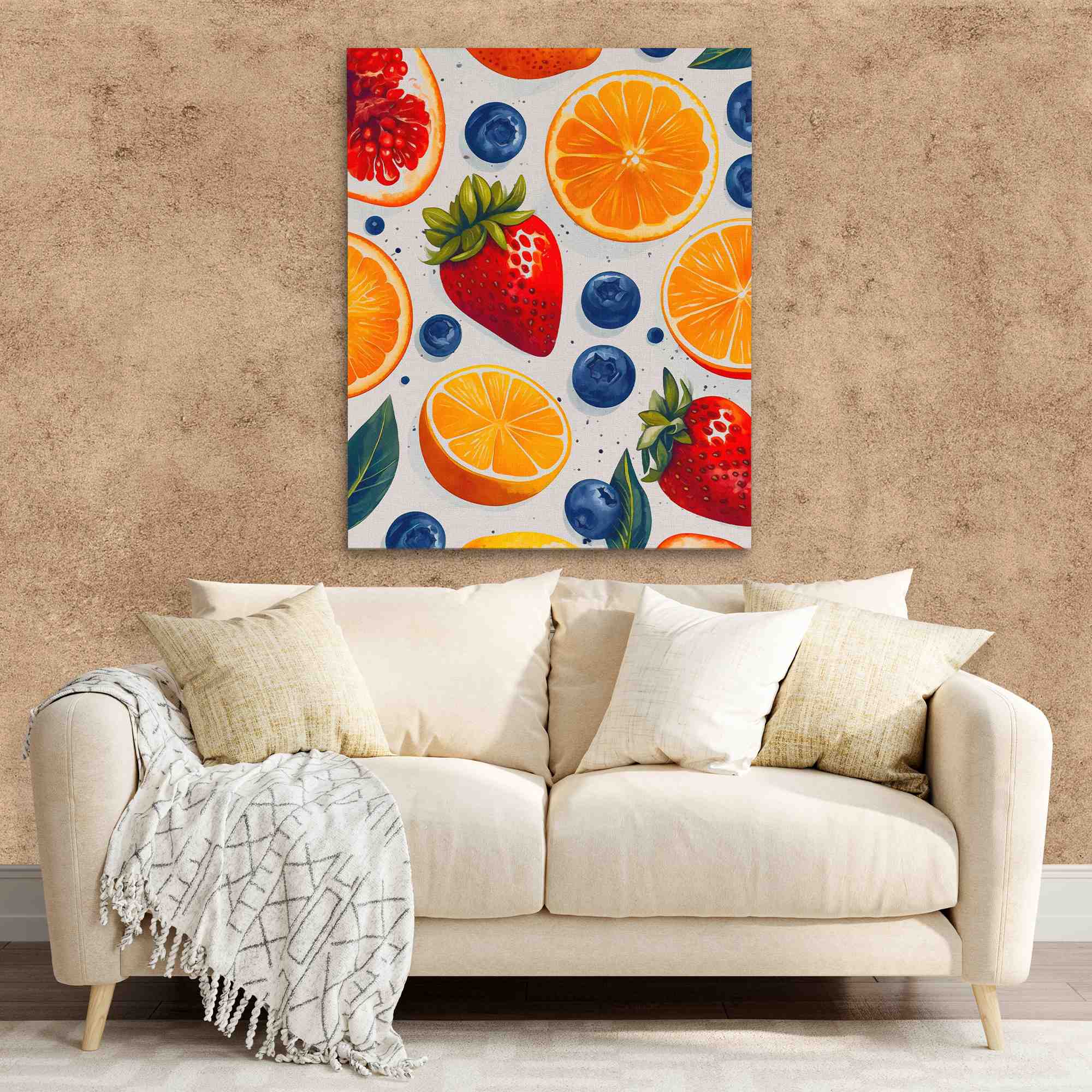 a painting of oranges, strawberries, and blueberries on a white background