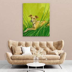 a painting of a dog sitting on a couch