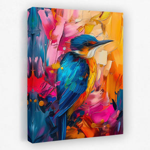 a painting of a colorful bird on a canvas