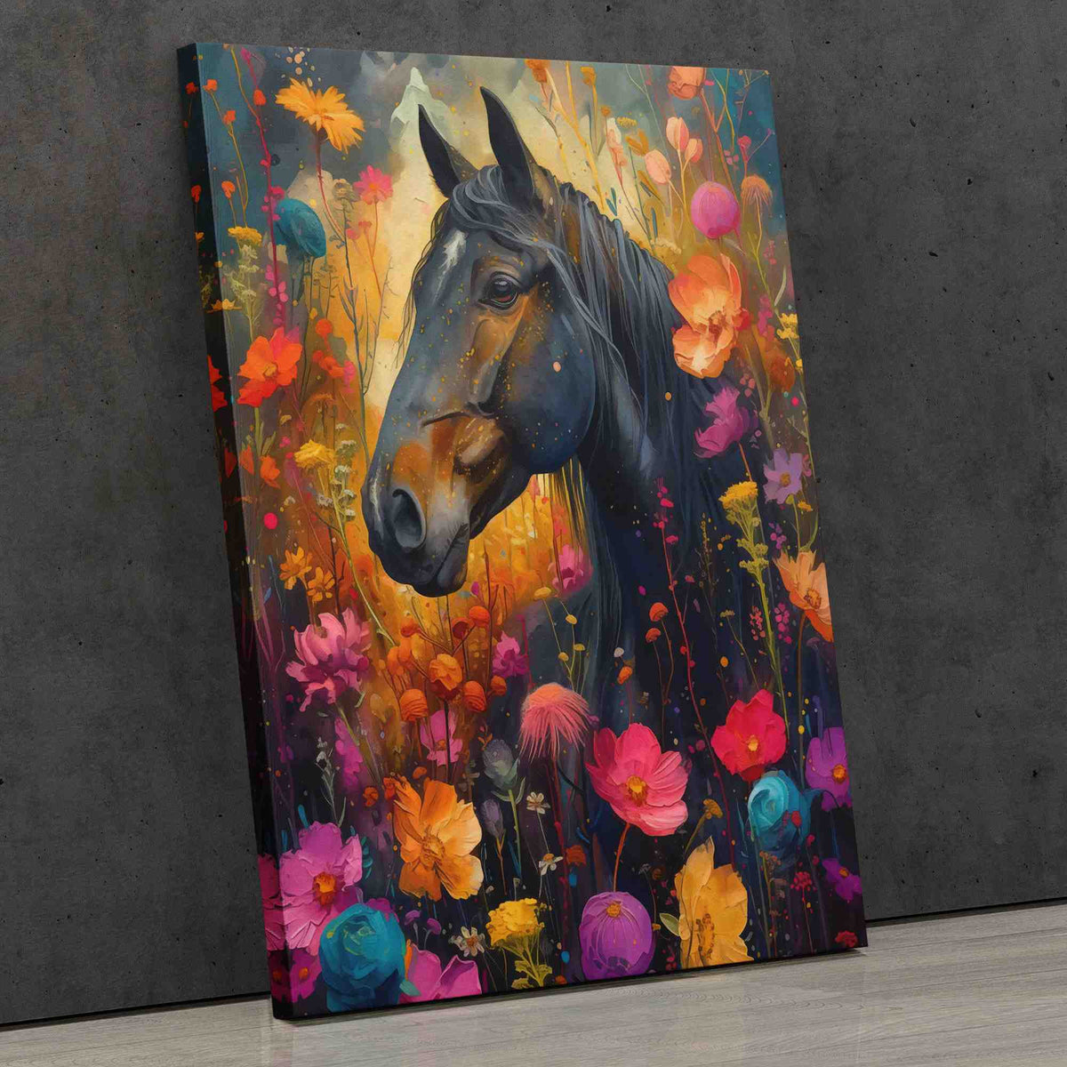 a painting of a horse in a field of flowers