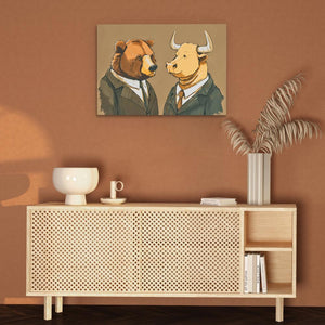 a painting of two bears in suits on a wall