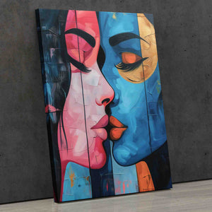 a painting of two women kissing each other