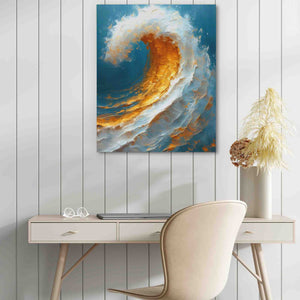a painting of a wave on a wall above a desk