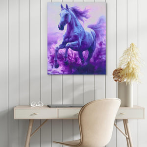 a painting of a horse on a wall above a desk