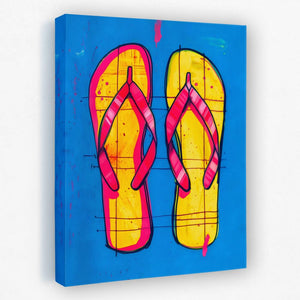 a painting of a pair of flip flops on a blue background