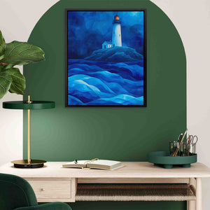 a painting of a lighthouse on a green wall