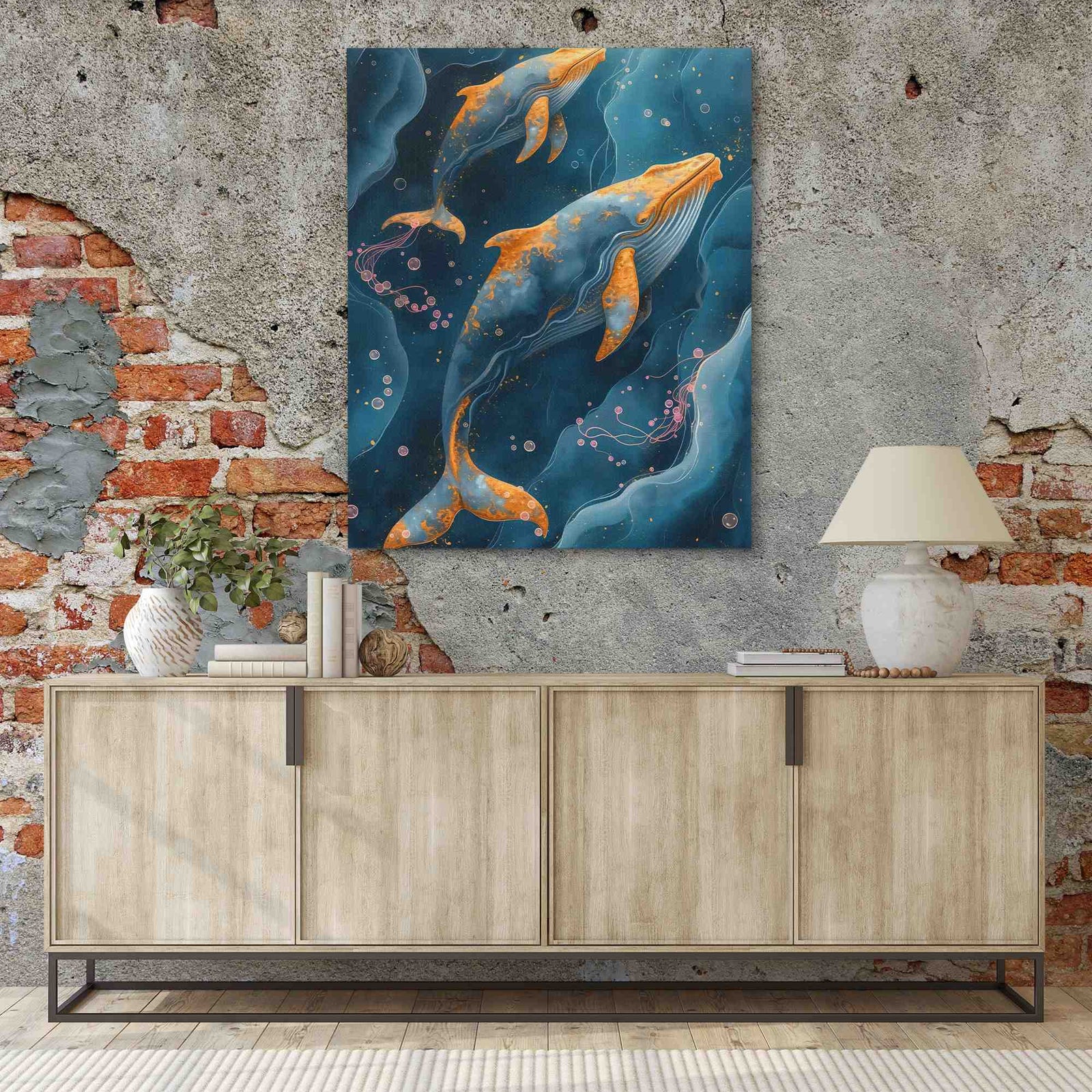 a painting of two gold fish swimming in a pond