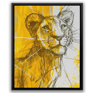 a drawing of a lion on a yellow background